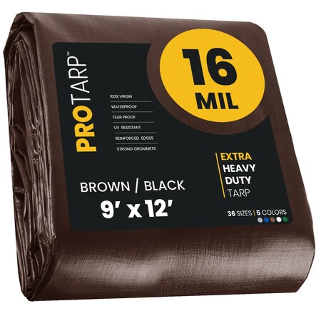 Protarp Heavy Duty Tarp, 9 ft x 12 ft, 16 Mil, Brown/Black, Polyethylene, Waterproof, Rip and Tear Proof PT-102-9X12